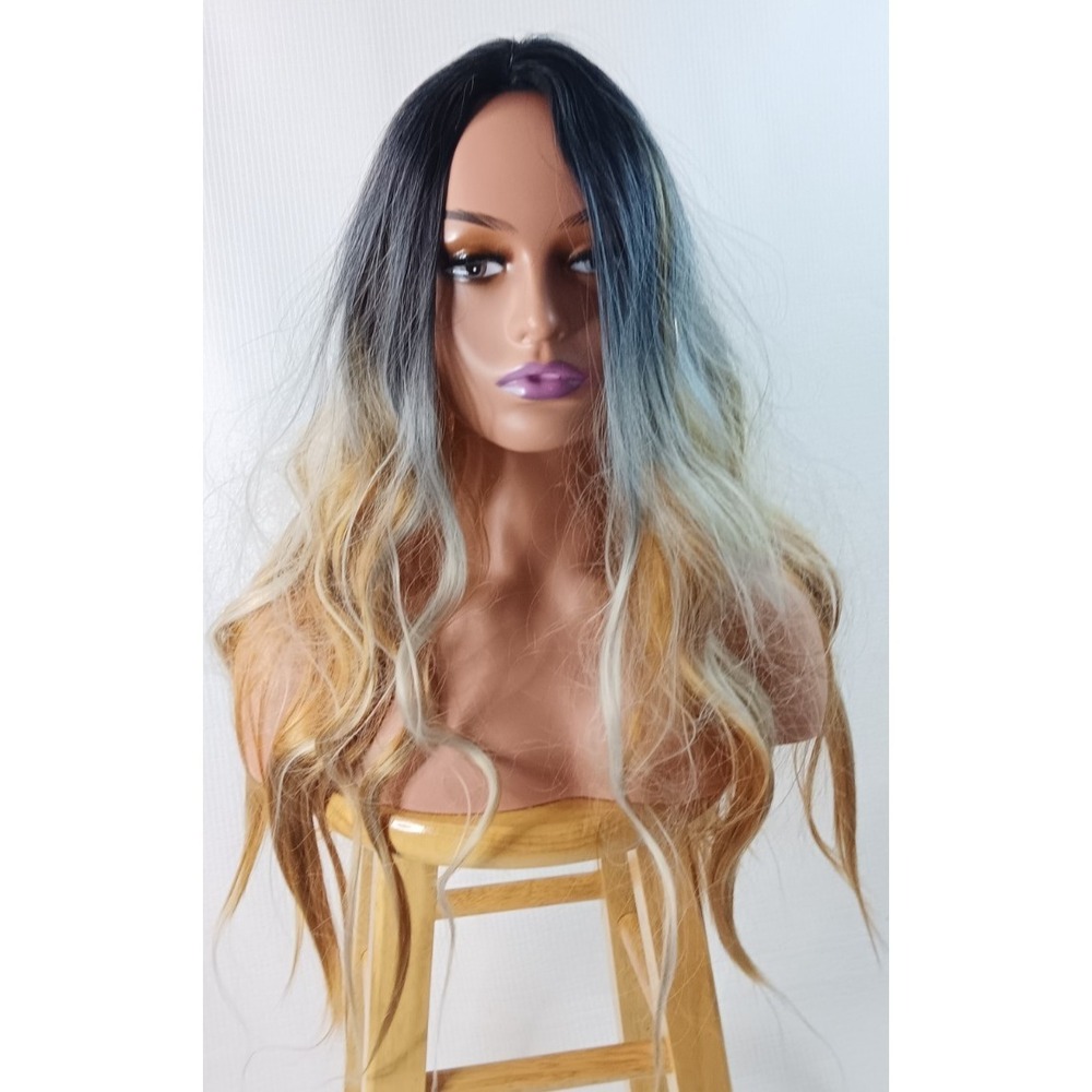 Women's Wavy synthetic layered Ombre Light Copper Brown middle part hair wig 25"